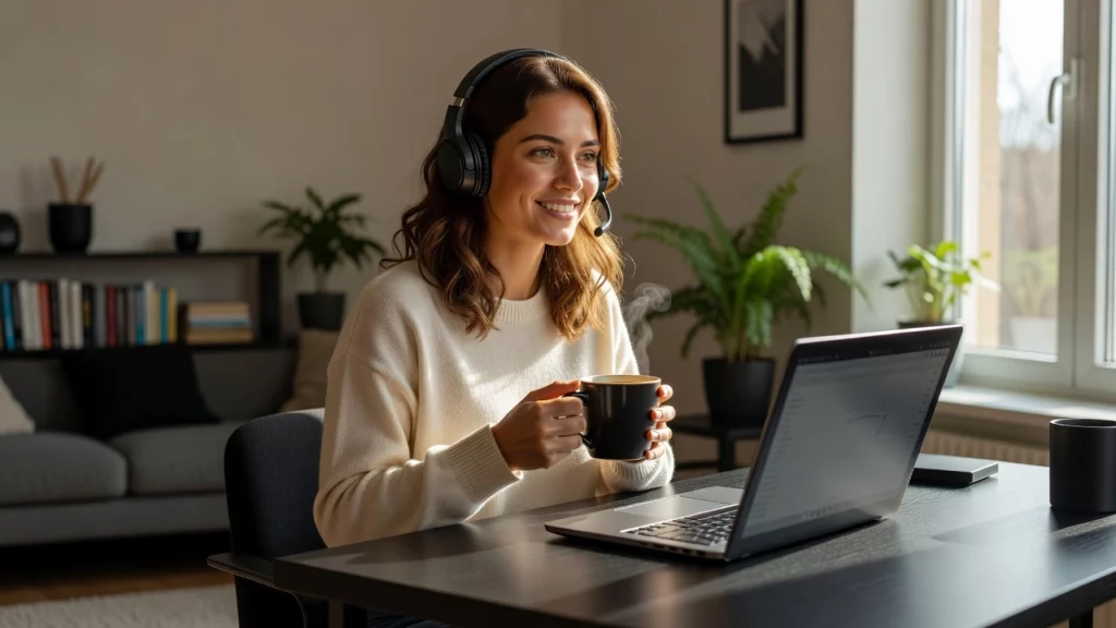 Professional header image for informative article: A smiling young woman sits at a tidy home desk near a sun...